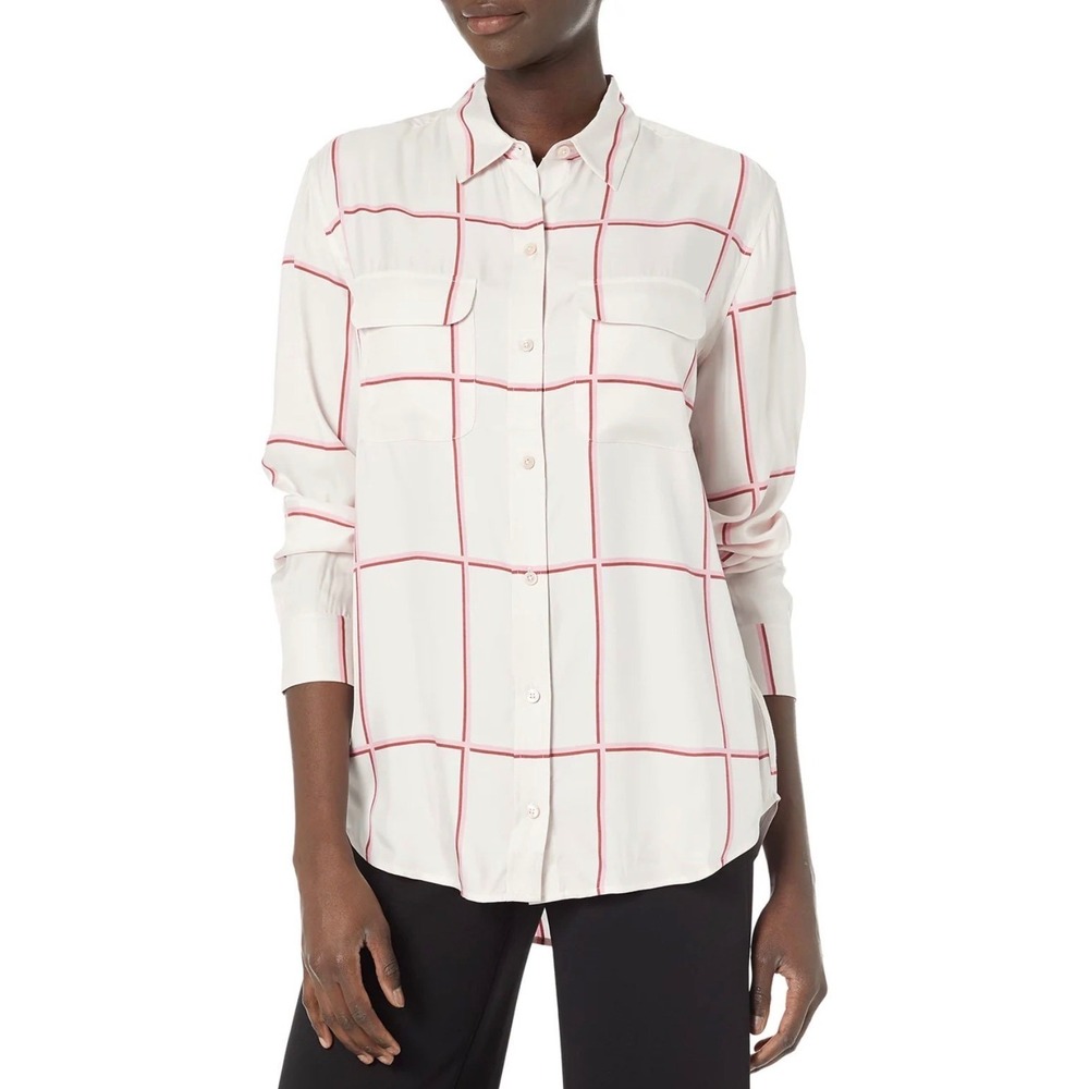 Equipment Femme Cream Red Plaid Silk Long Sleeve Button Up Shirt Top XS 195
